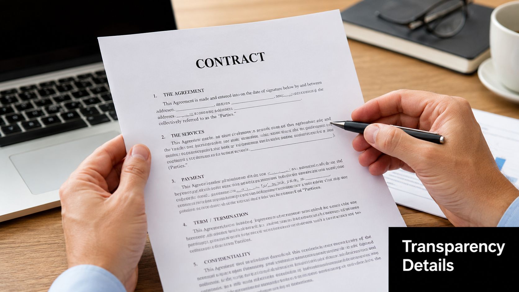 A person holding a contract document while reviewing it with a pen at a desk.