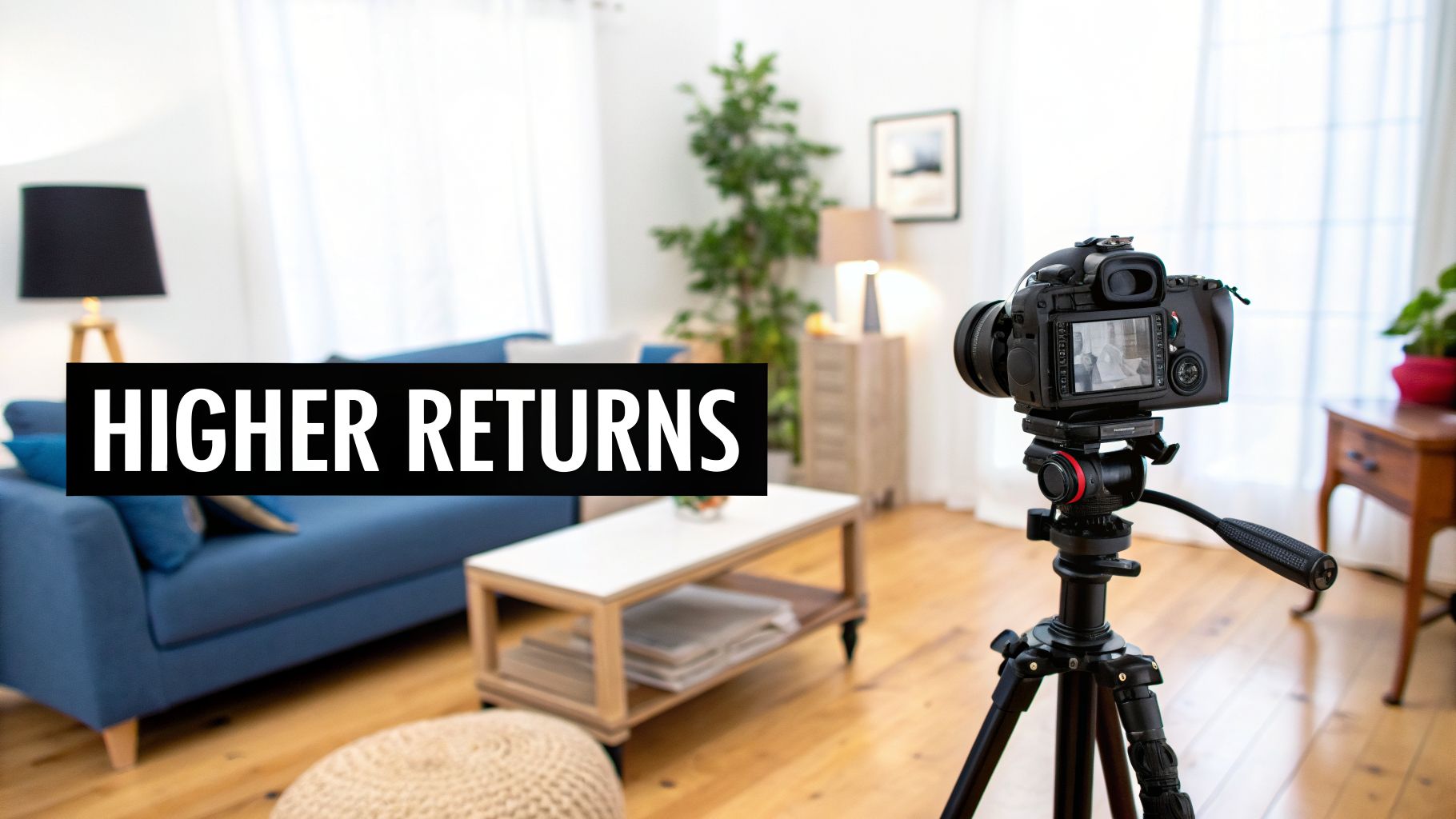 A camera on a tripod set up in a bright, modern living room with text 'HIGHER RETURNS'.