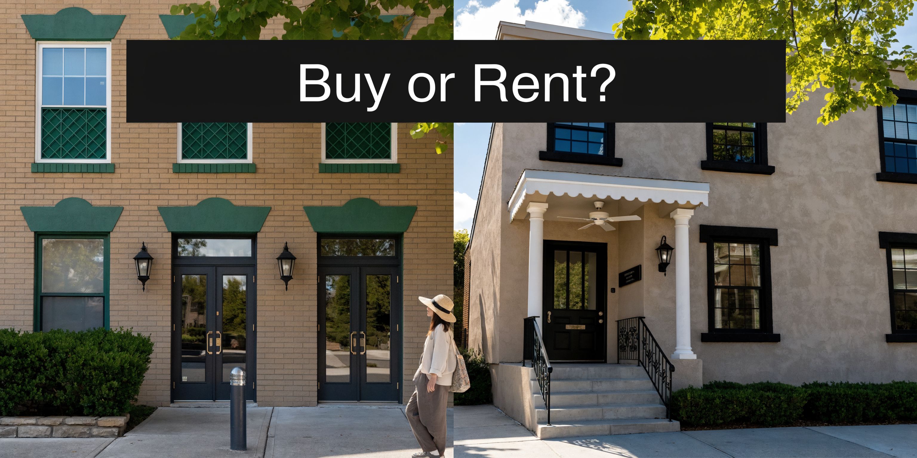 A woman in a straw hat walking between two distinct residential building styles on a sunny day.