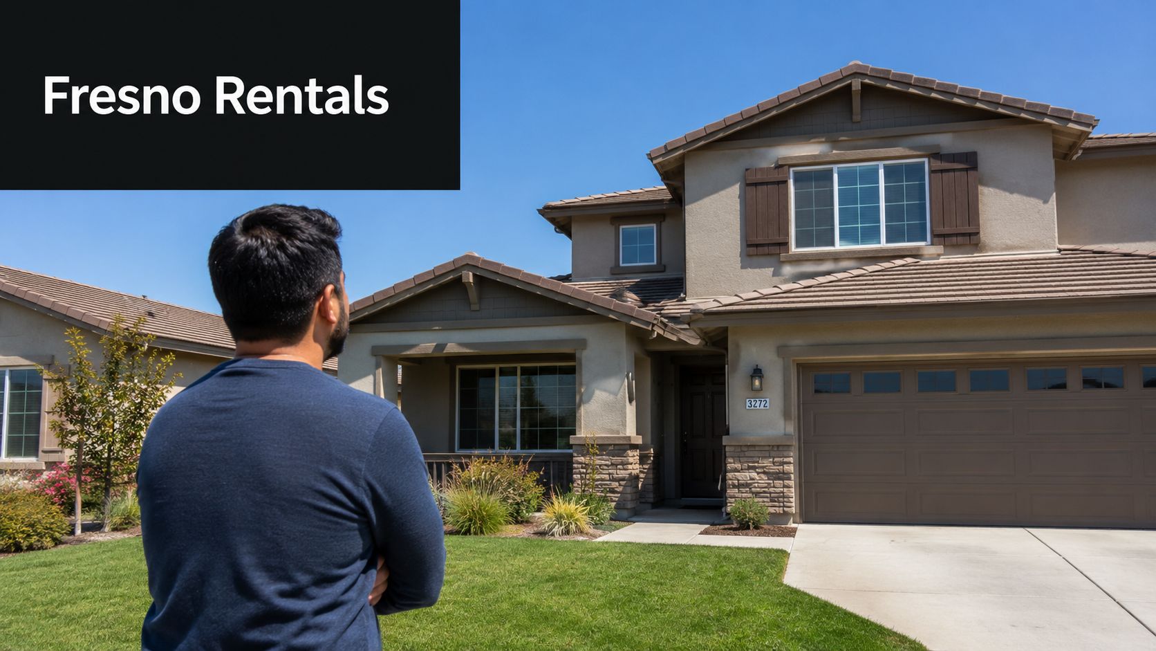 A person looking at a modern two-story residential house in a suburban neighborhood.