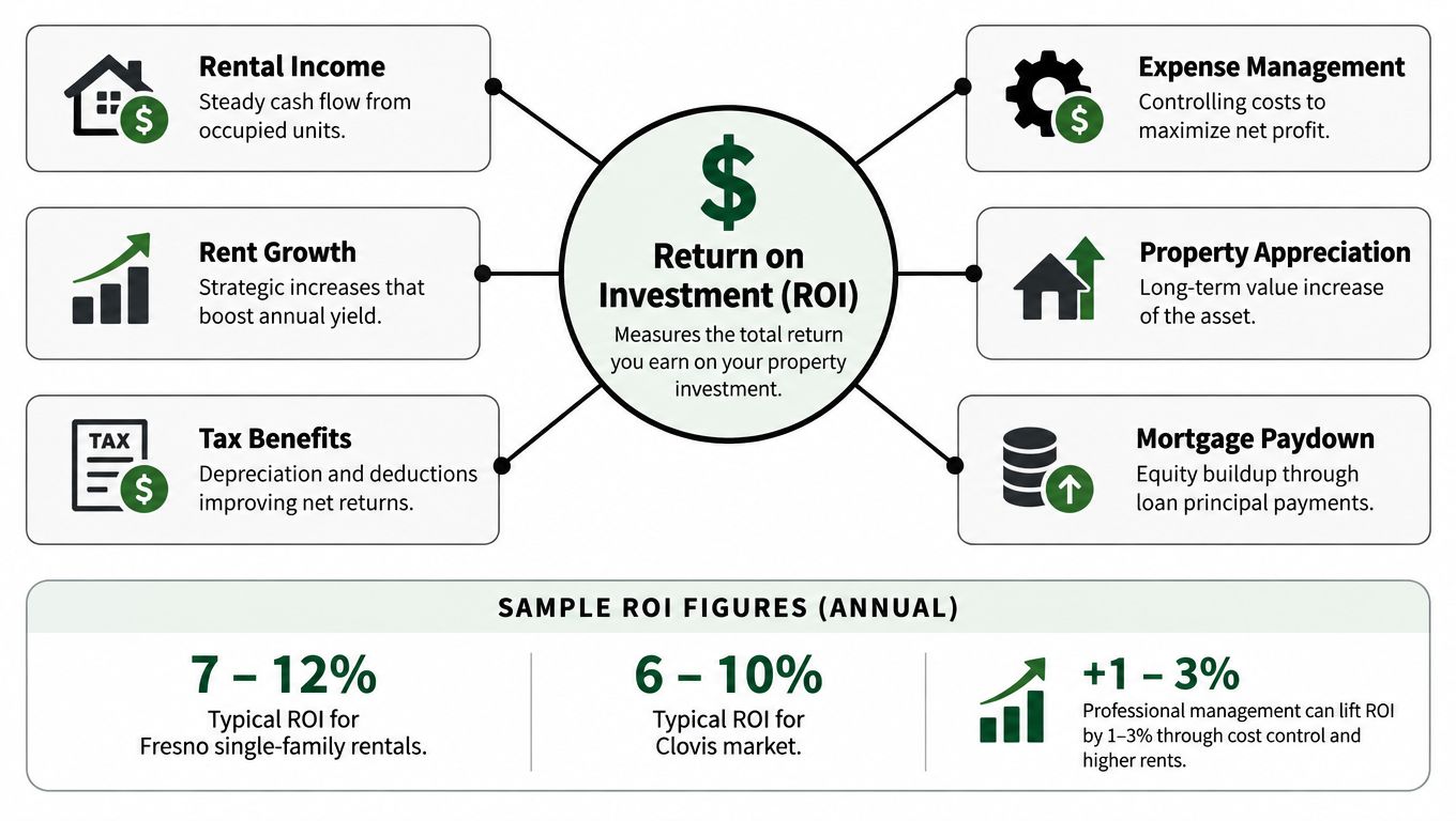 A diagram illustrating the six components of real estate ROI and sample annual ROI for Fresno and Clovis markets.