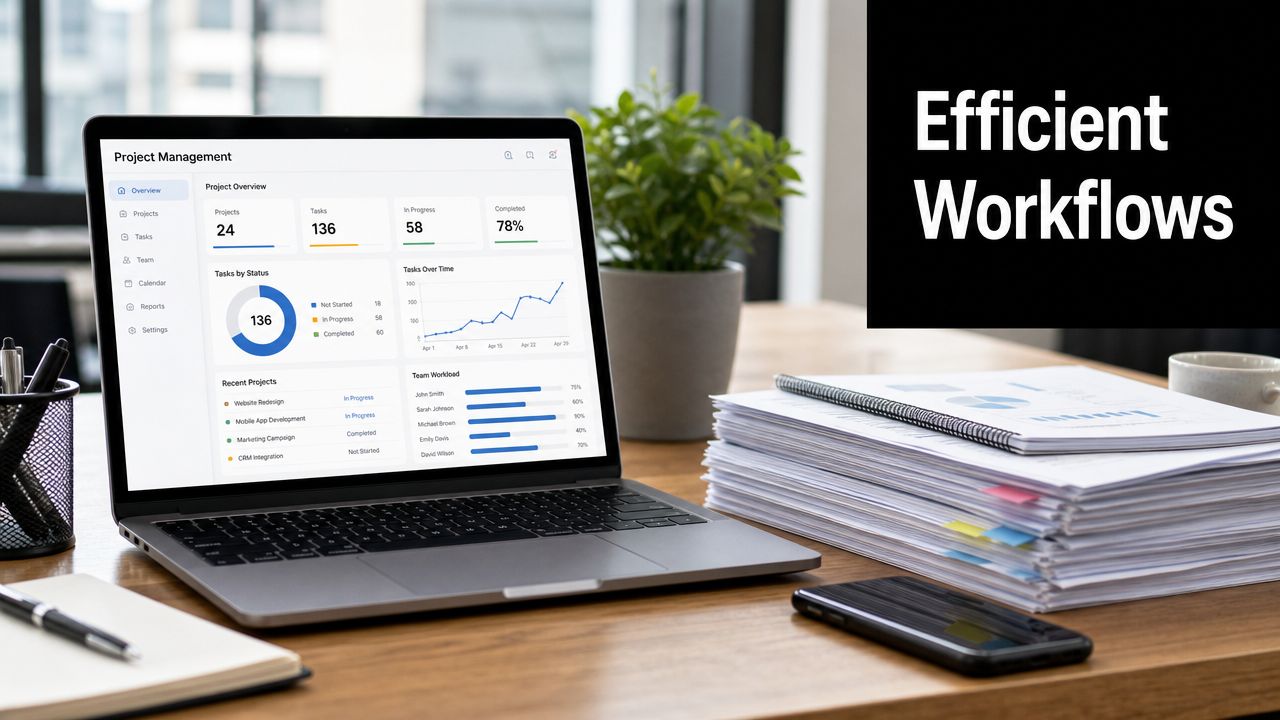 A laptop on a wooden desk showing project management software alongside a stack of office papers.