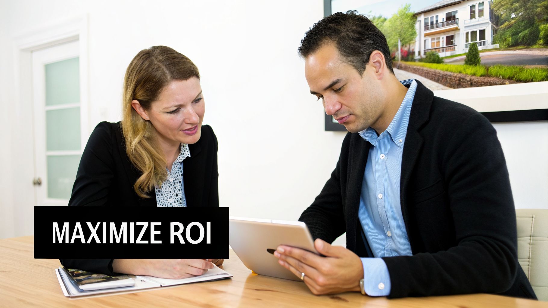 Two business professionals discussing real estate investment strategies and reviewing data to maximize ROI.