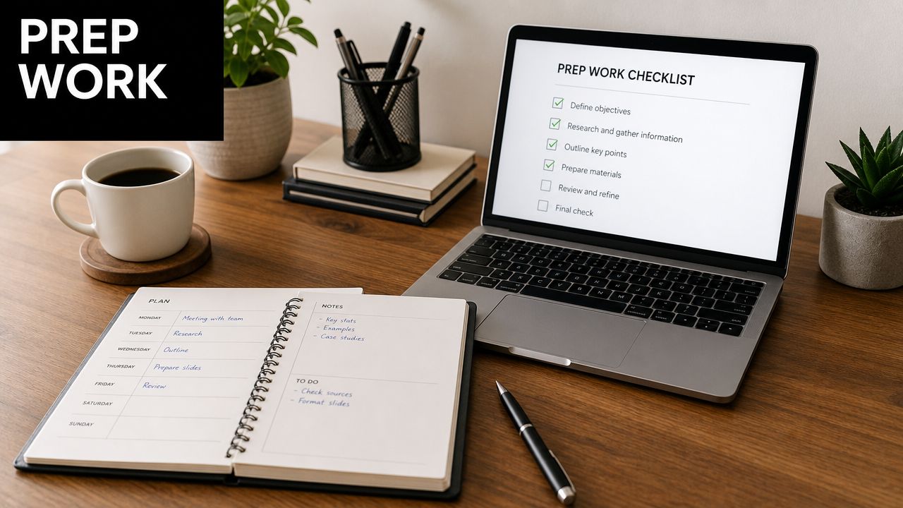 A workspace with a laptop displaying a prep work checklist, a planner, and a coffee mug.