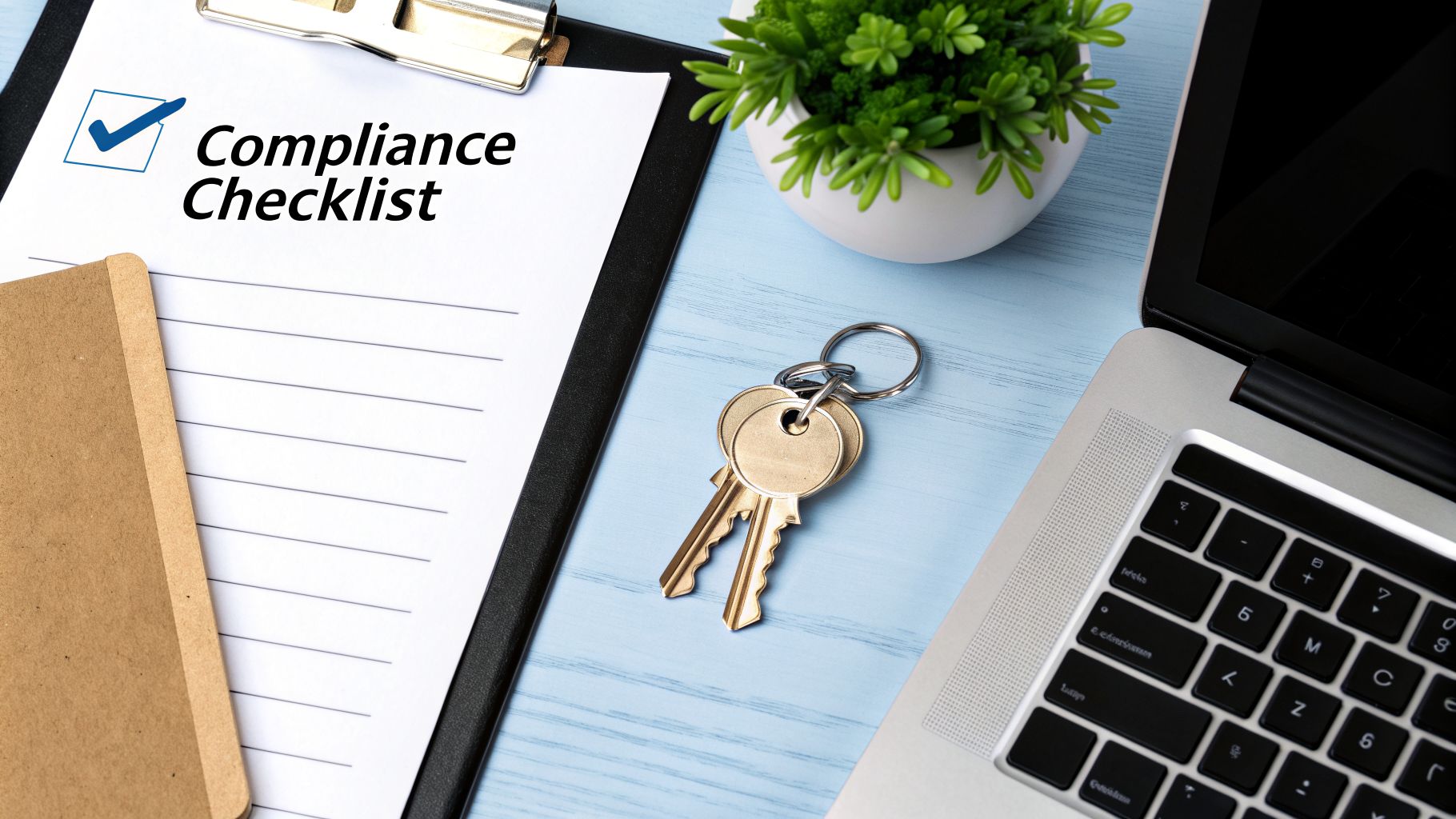 A compliance checklist document, keys, laptop, and plant on a blue wooden desk.