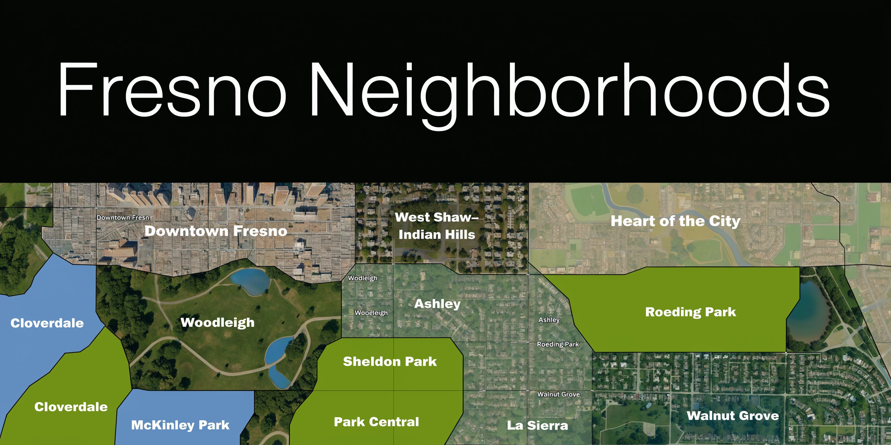A map illustration detailing various neighborhoods within the city of Fresno, California with designated labels.