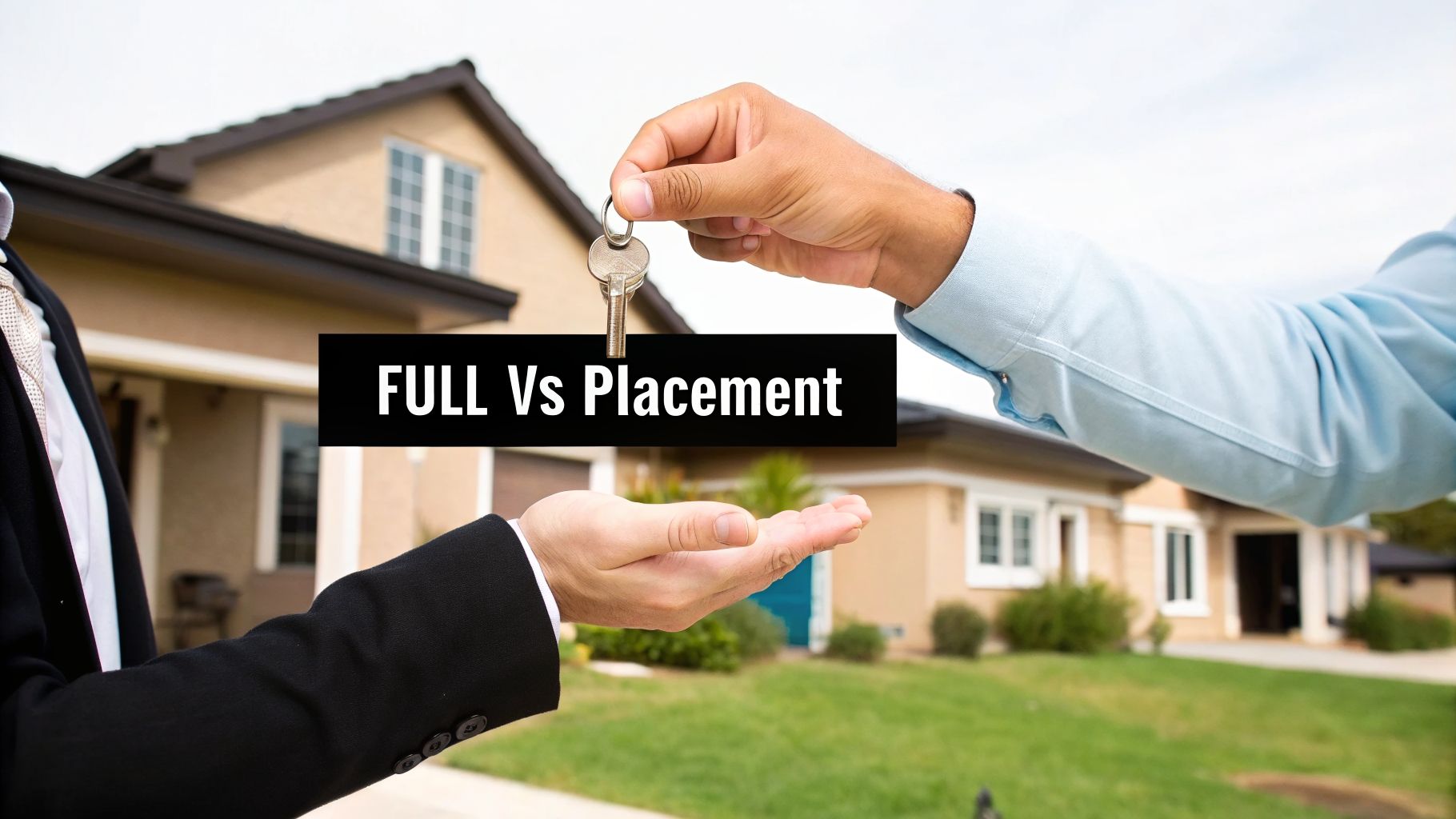 Hands exchanging house keys in front of suburban homes, with text 'FULL Vs Placement' visible.