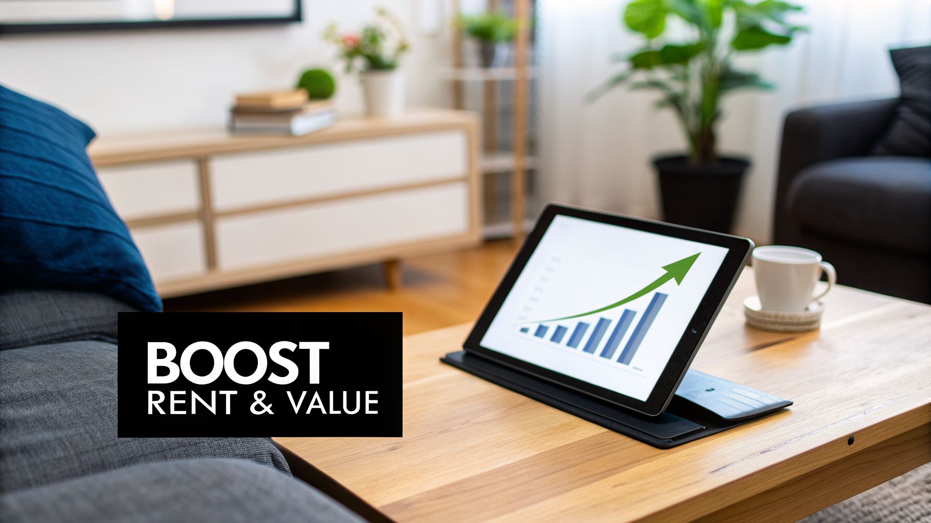 A tablet on a coffee table displays a growth chart with a green arrow, symbolizing boosted rent and property value.