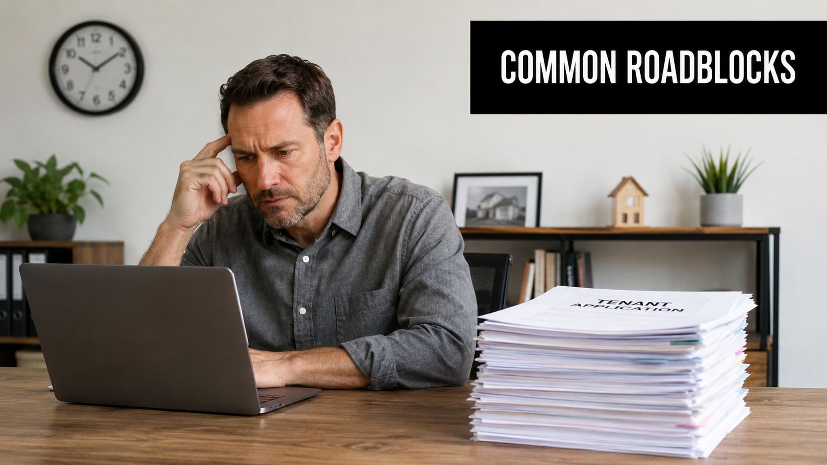 A man looking frustrated while reviewing a large stack of tenant application documents on his laptop.