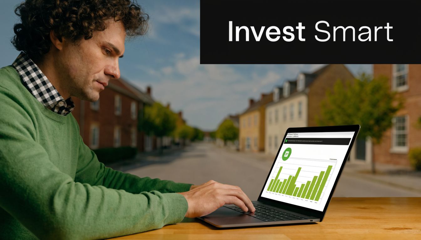 A man in a green sweater uses a laptop to analyze real estate investment data outdoors.