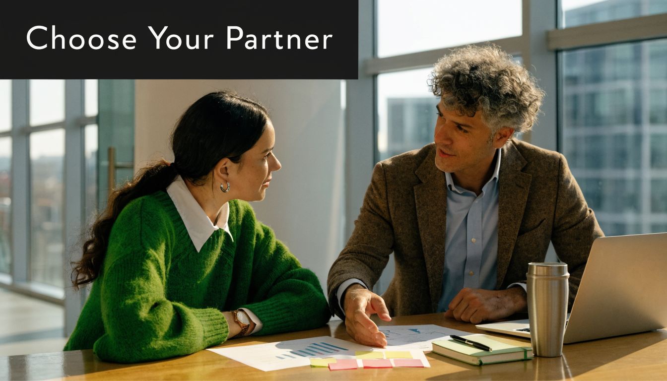 A professional man and woman collaborating on business data in a bright, modern office workspace.