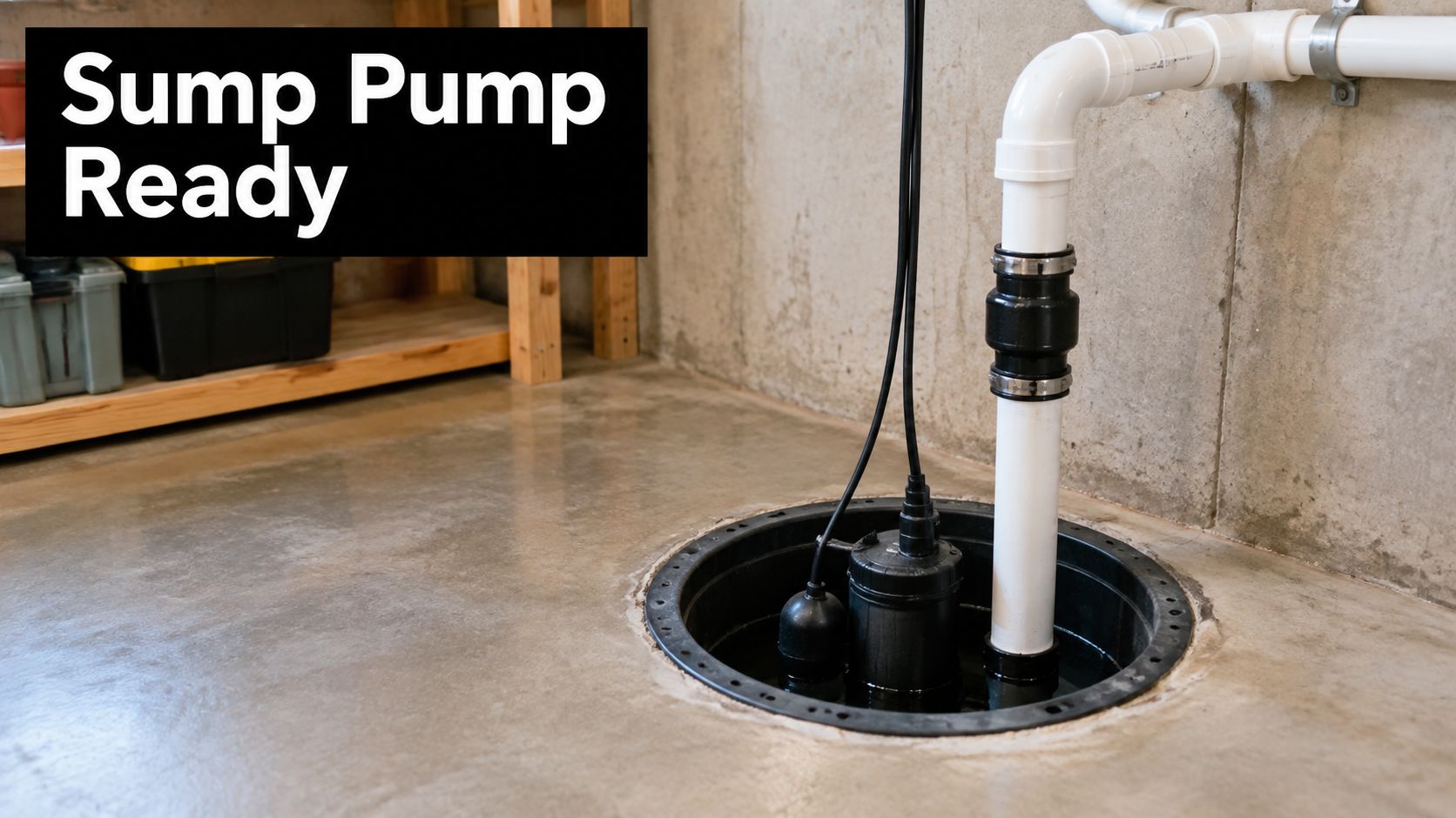 A basement sump pump installed in a concrete floor pit with white discharge pipes for flood protection.