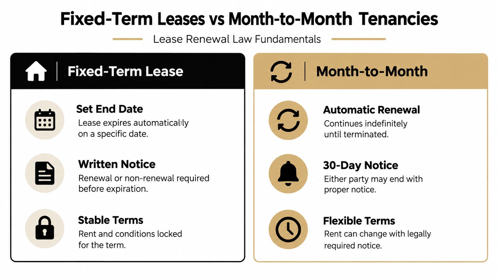 A comparison chart outlining key differences between fixed-term leases and month-to-month tenancies for rental property agreements.