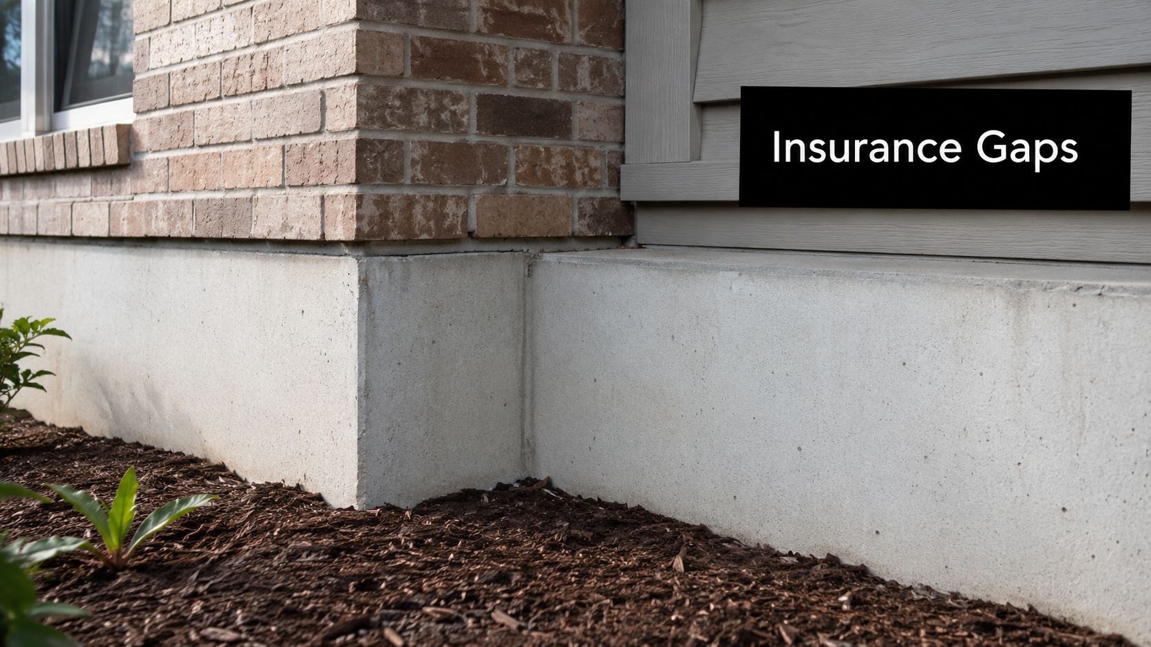 A view of the exterior foundation and brick wall of a home with a sign labeled Insurance Gaps.