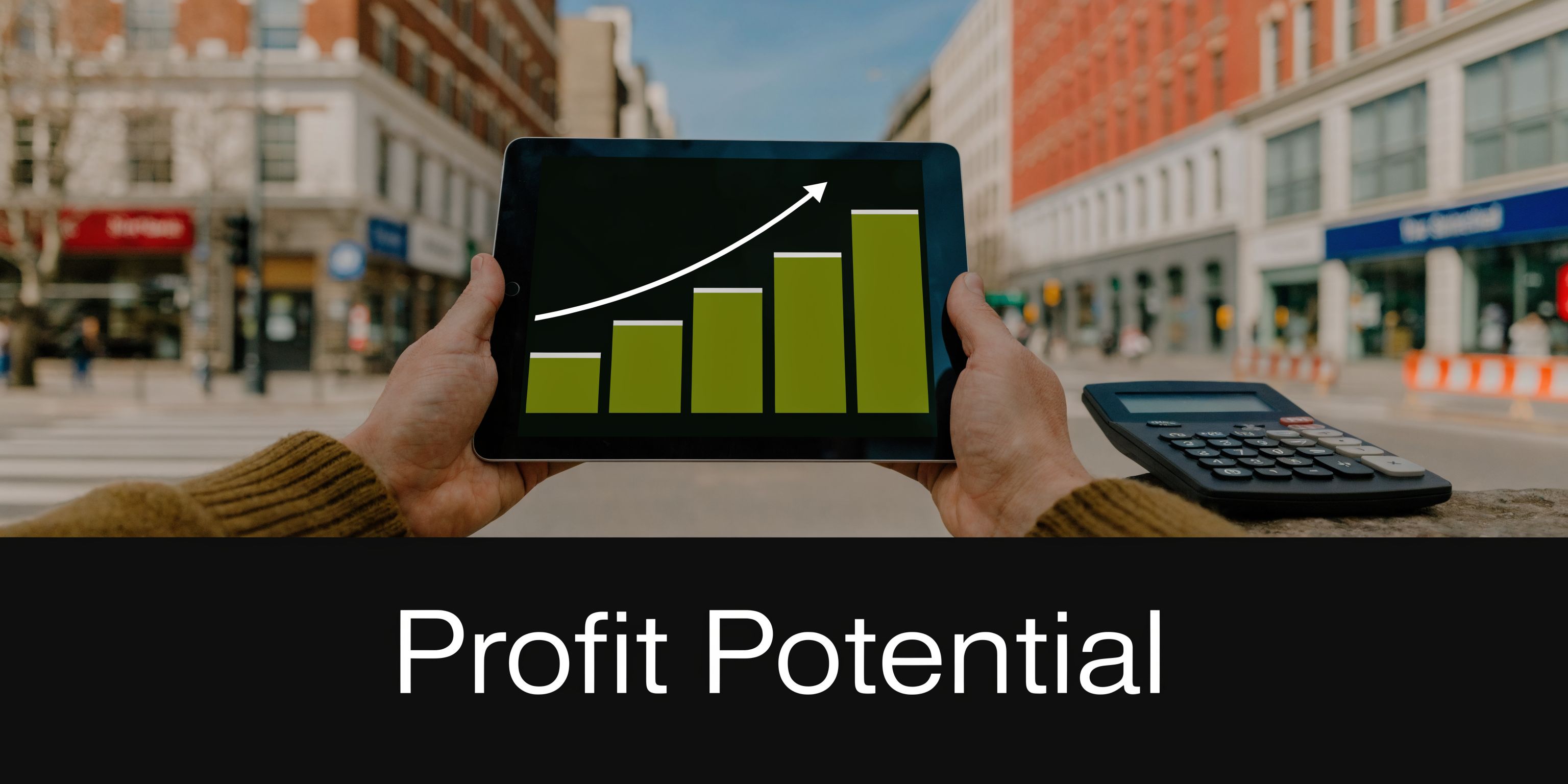 A person holding a tablet showing a growing bar chart graph with the text Profit Potential below.