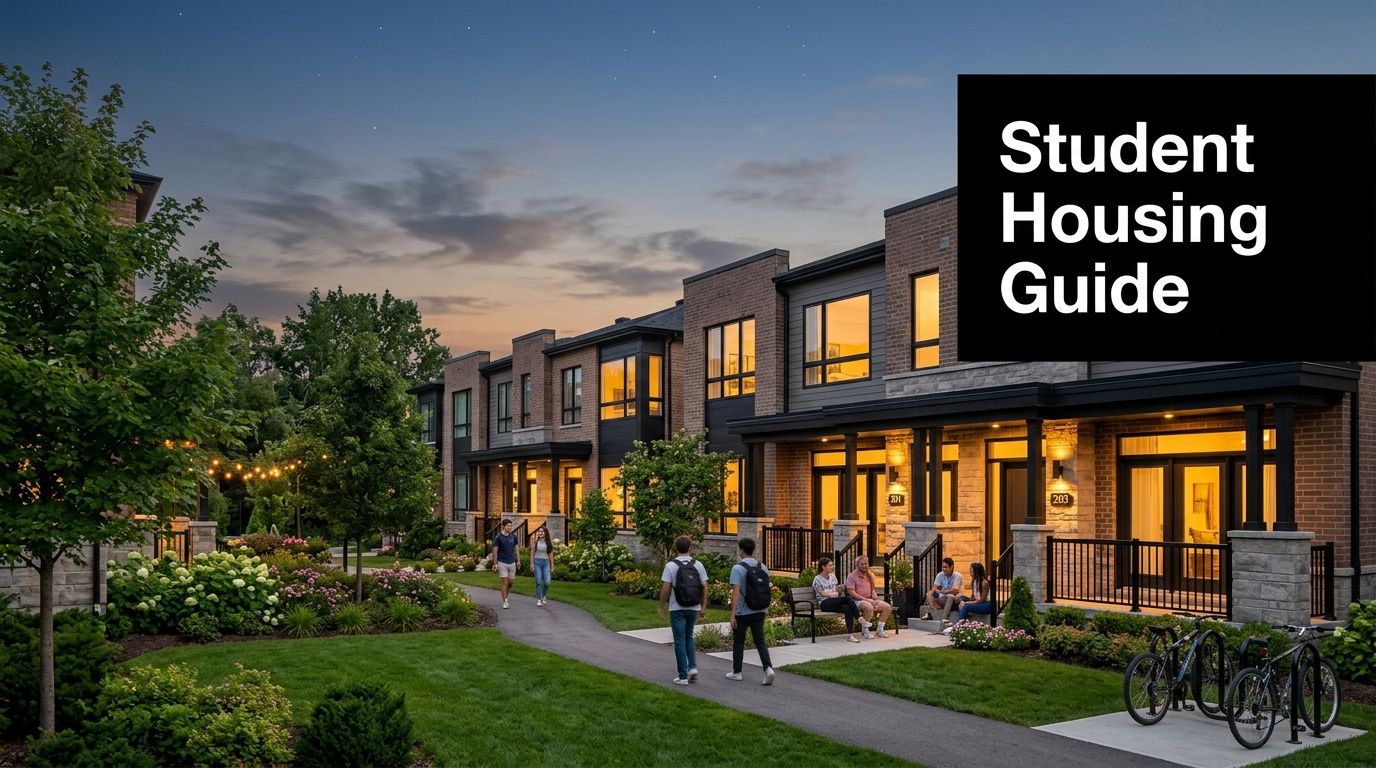 Students walking and relaxing on a landscaped pathway outside modern brick student housing townhomes at dusk.
