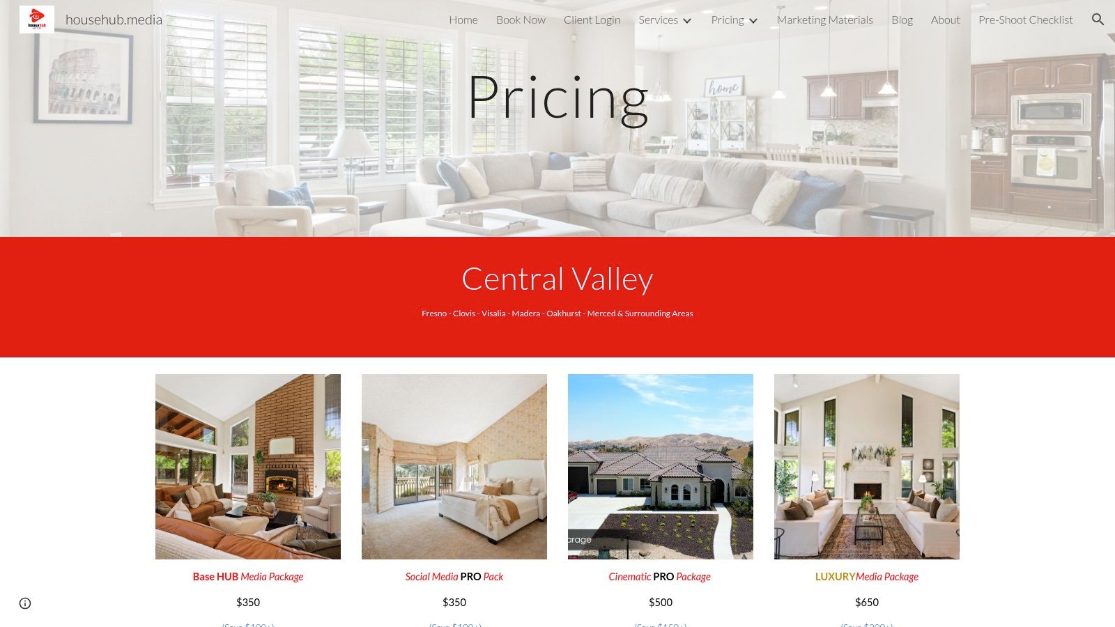 HouseHub Media's pricing page for real estate photography services in Central California