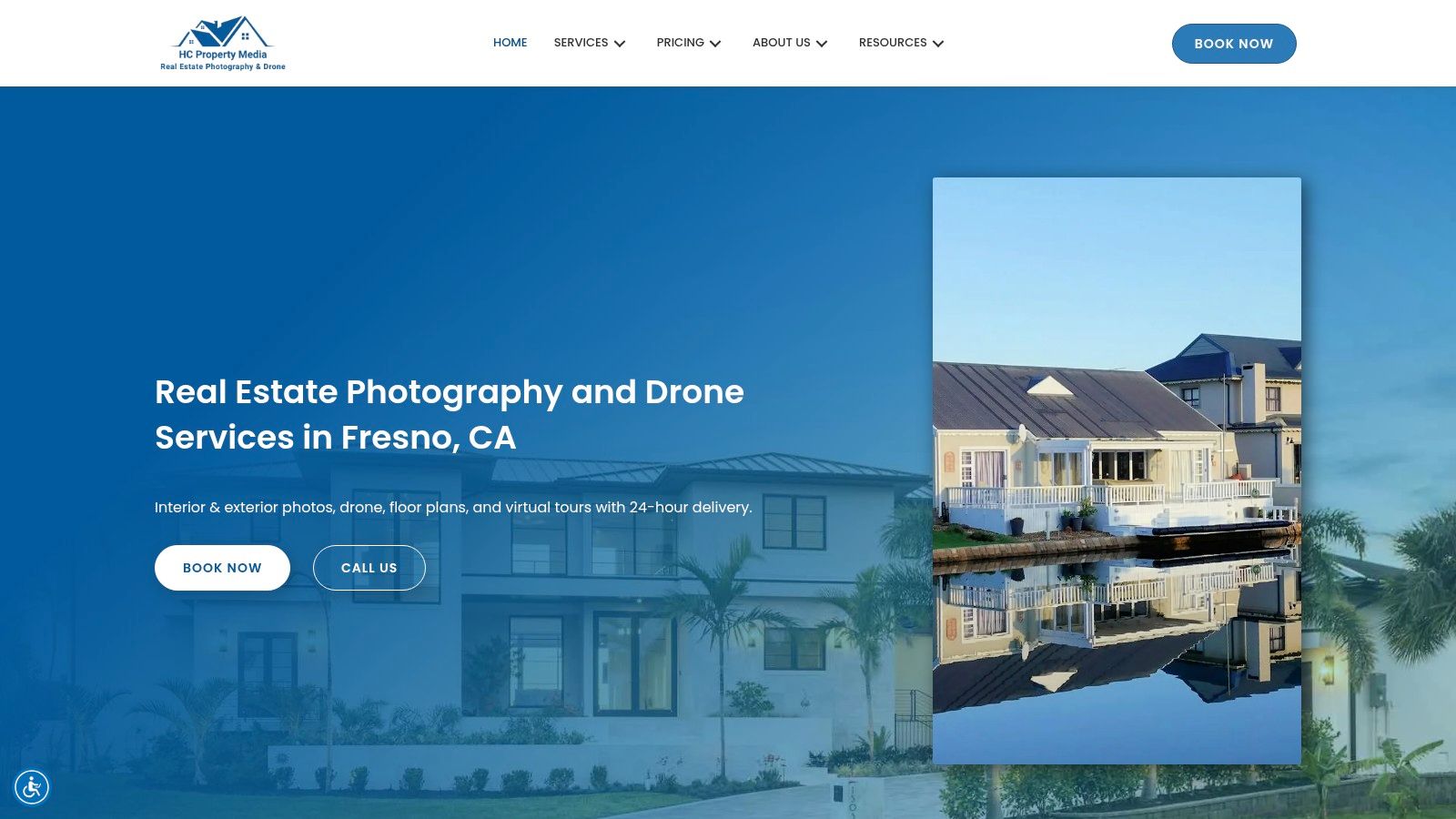A drone shot by HC Property Media showing a waterfront property, highlighting their aerial photography skills