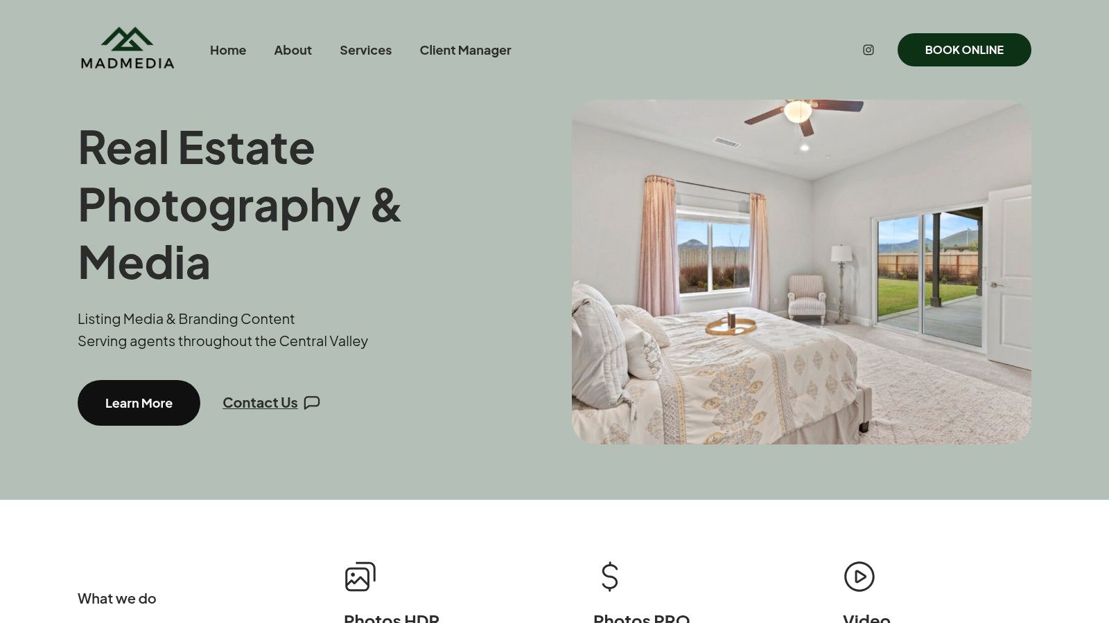MADmedia's real estate photography services page, showcasing their flat-rate pricing model.