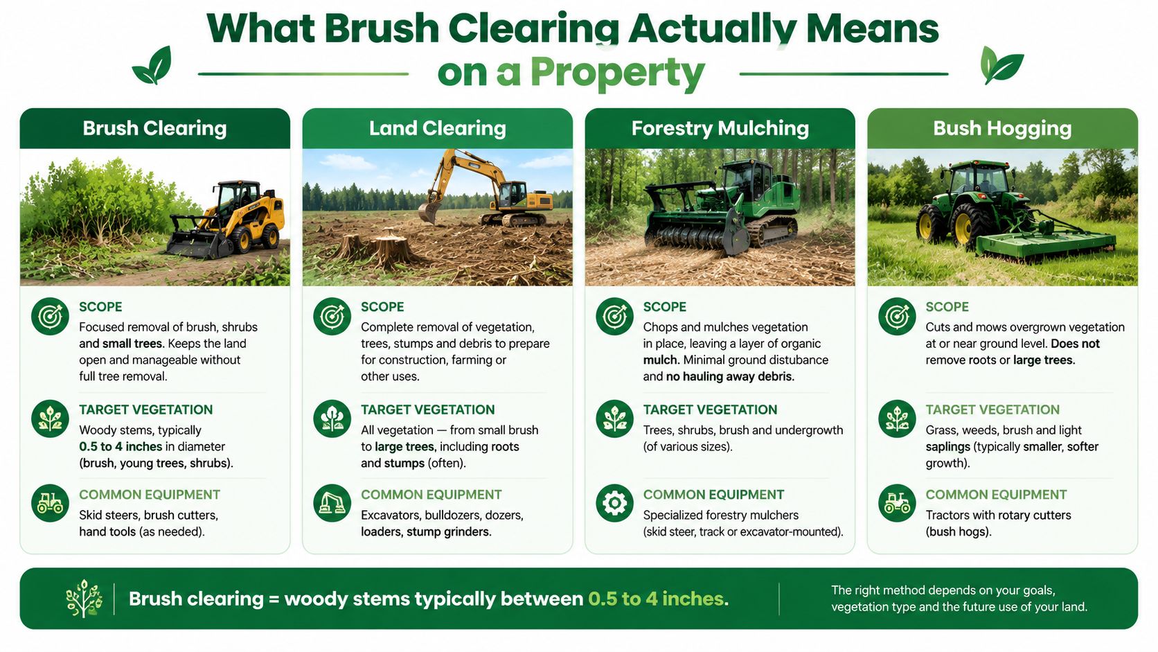An infographic illustrating the differences between brush clearing, land clearing, forestry mulching, and bush hogging methods.