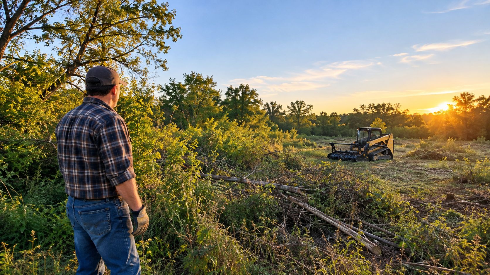 A farmer standing in a field looking at a skid steer forestry mulcher during a sunset.