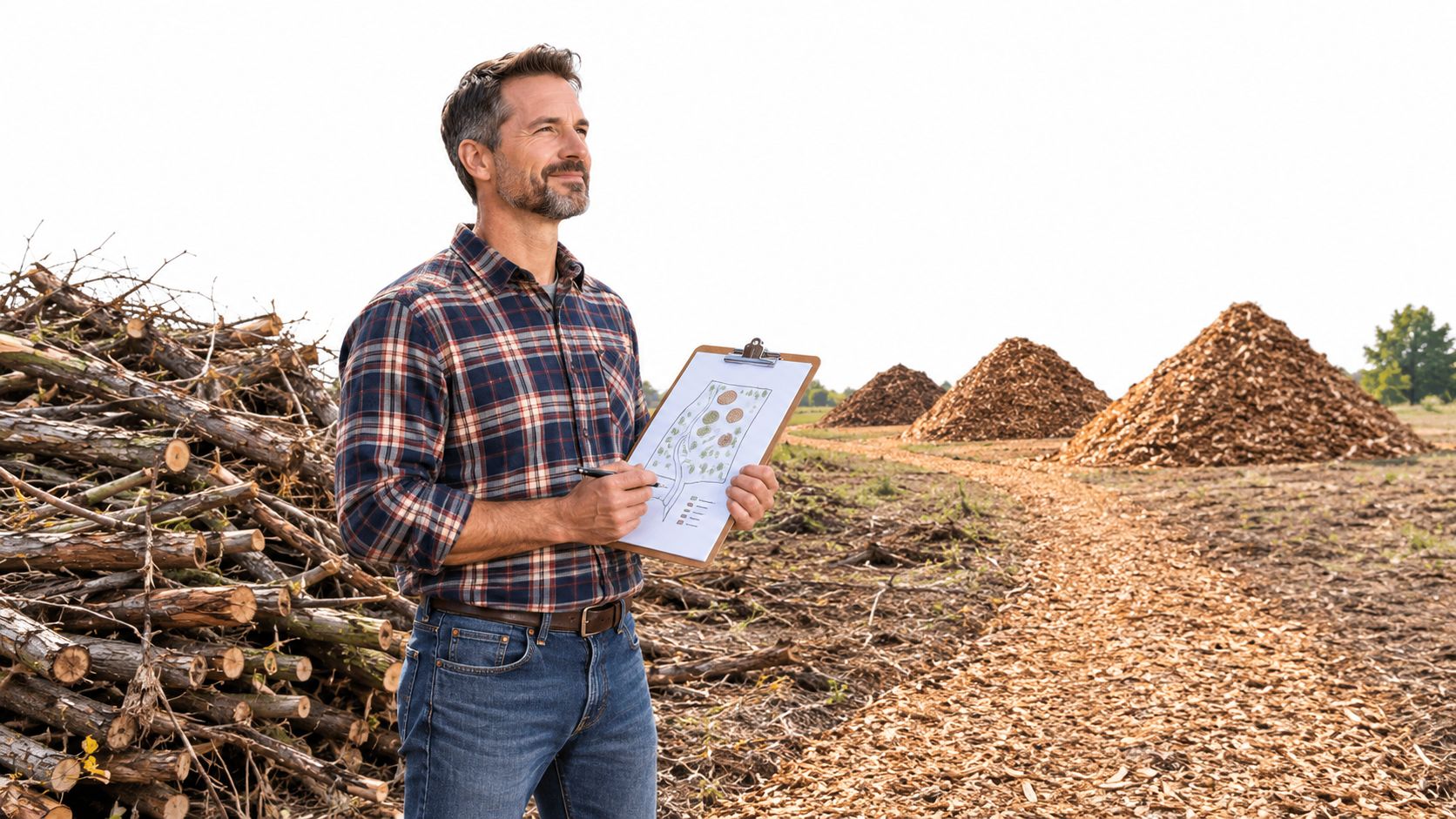 A professional forest supervisor inspects a cleared land site with wood chip piles and brush logs.