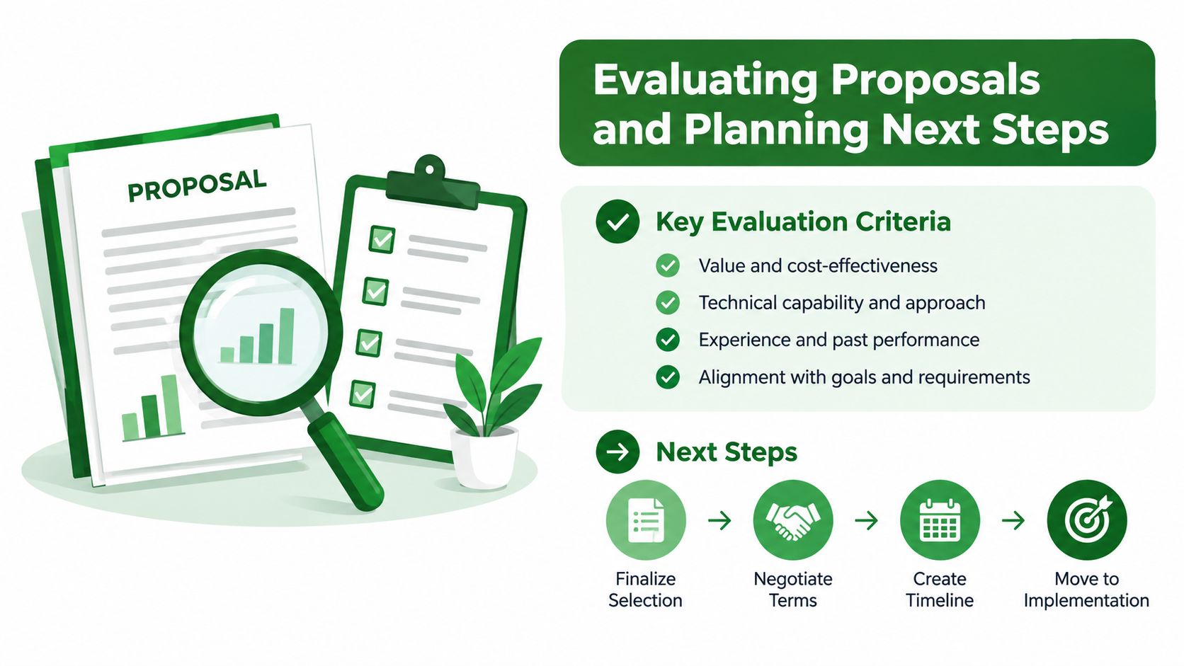 A professional infographic illustrating the process of evaluating business proposals and planning subsequent project steps.