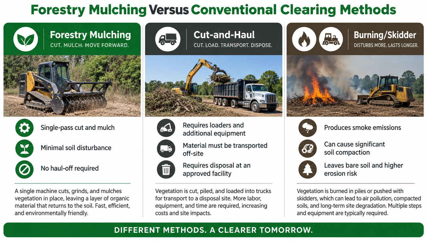 A comparison chart showing benefits and drawbacks of forestry mulching versus conventional land clearing methods.