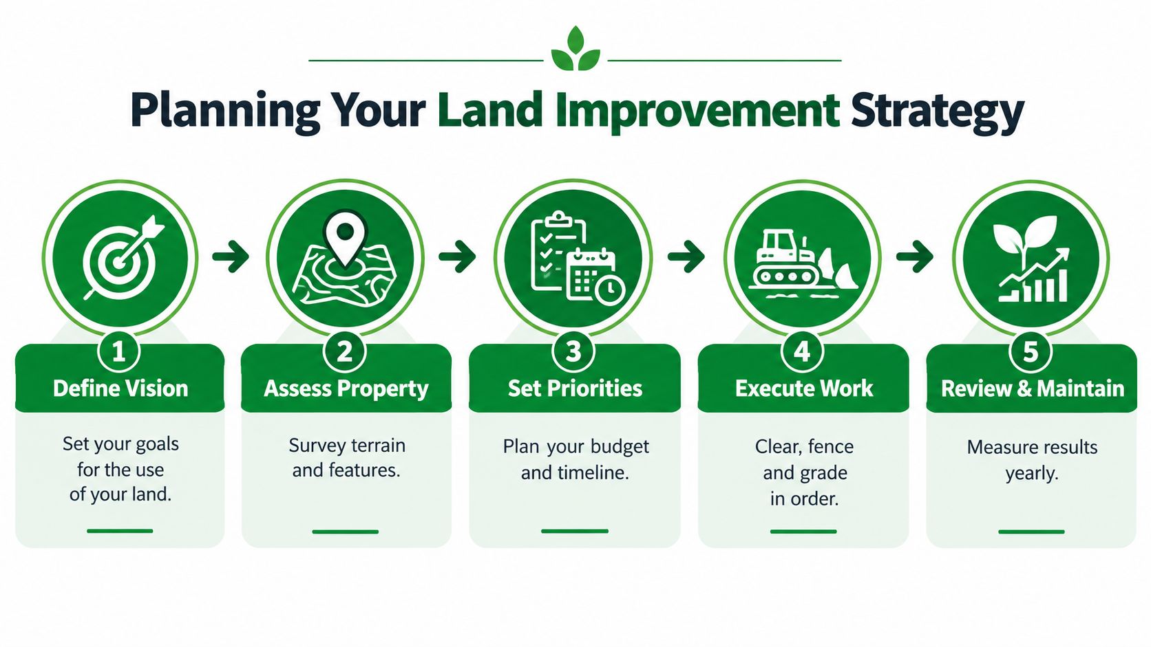 A five-step infographic for planning land improvement strategy, showing goal setting to property maintenance.
