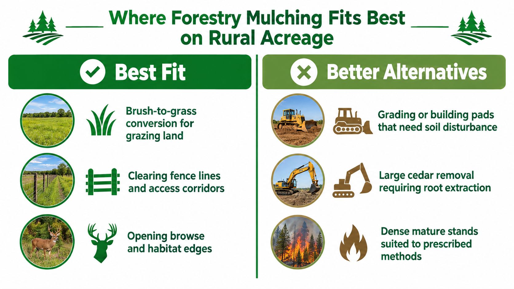 An infographic showing best use cases for forestry mulching compared to other land clearing methods on acreage.