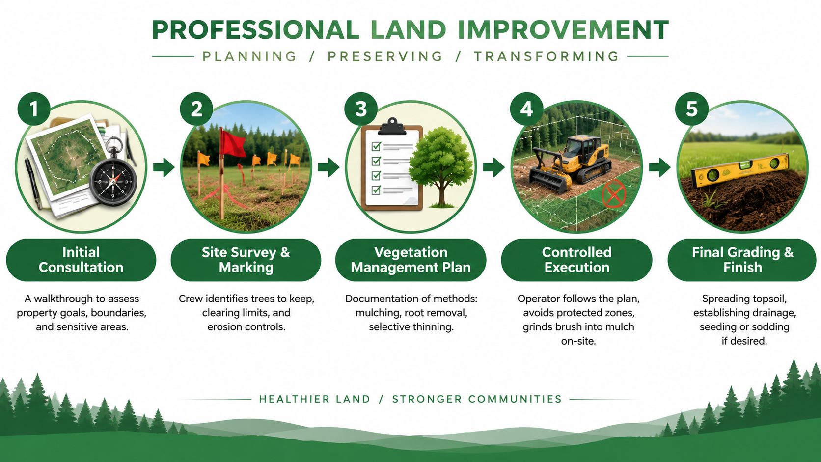 A professional land improvement process infographic detailing five steps from consultation to final grading and finishing.