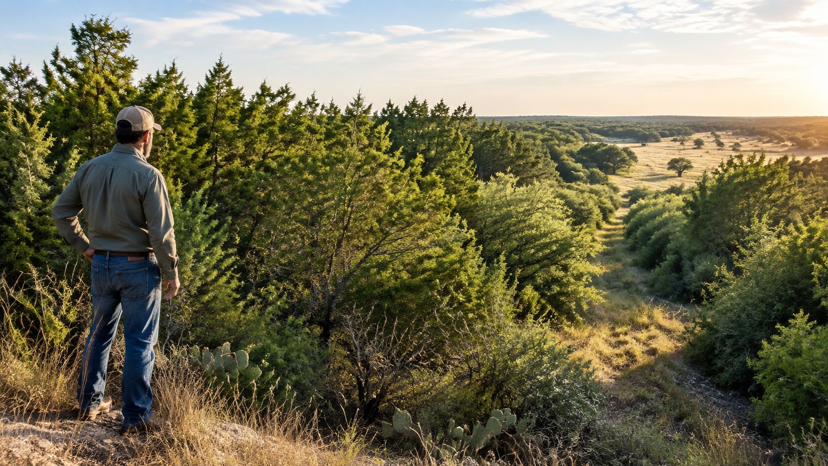 A man in a hat and jeans standing on a hilltop looking over the rural Texas landscape.