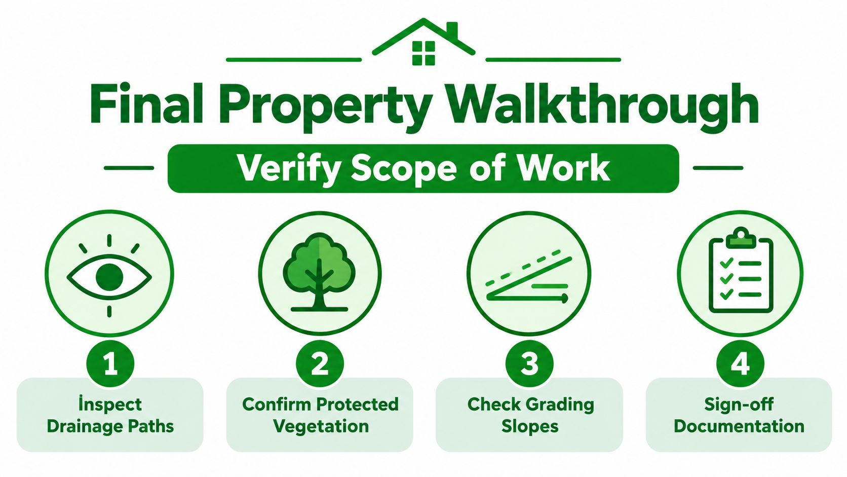 An infographic showing four steps for a final property inspection, focusing on drainage, vegetation, grading, and documentation.