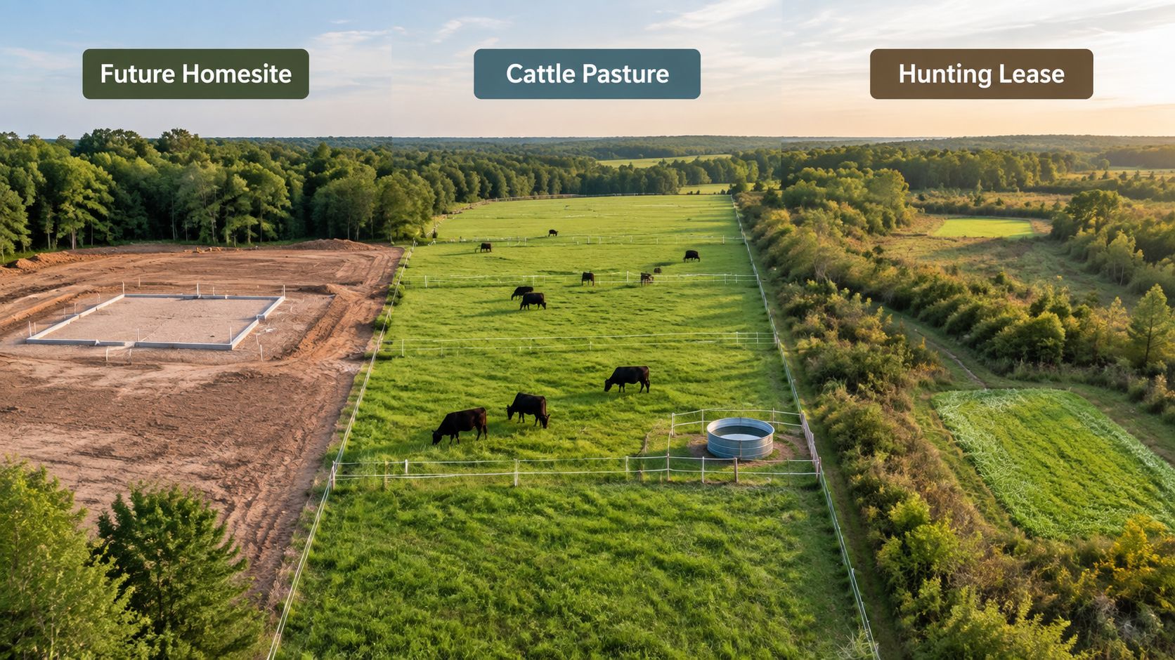 Aerial view of a rural property featuring a prepared building foundation, grazing cattle, and wild woodland.