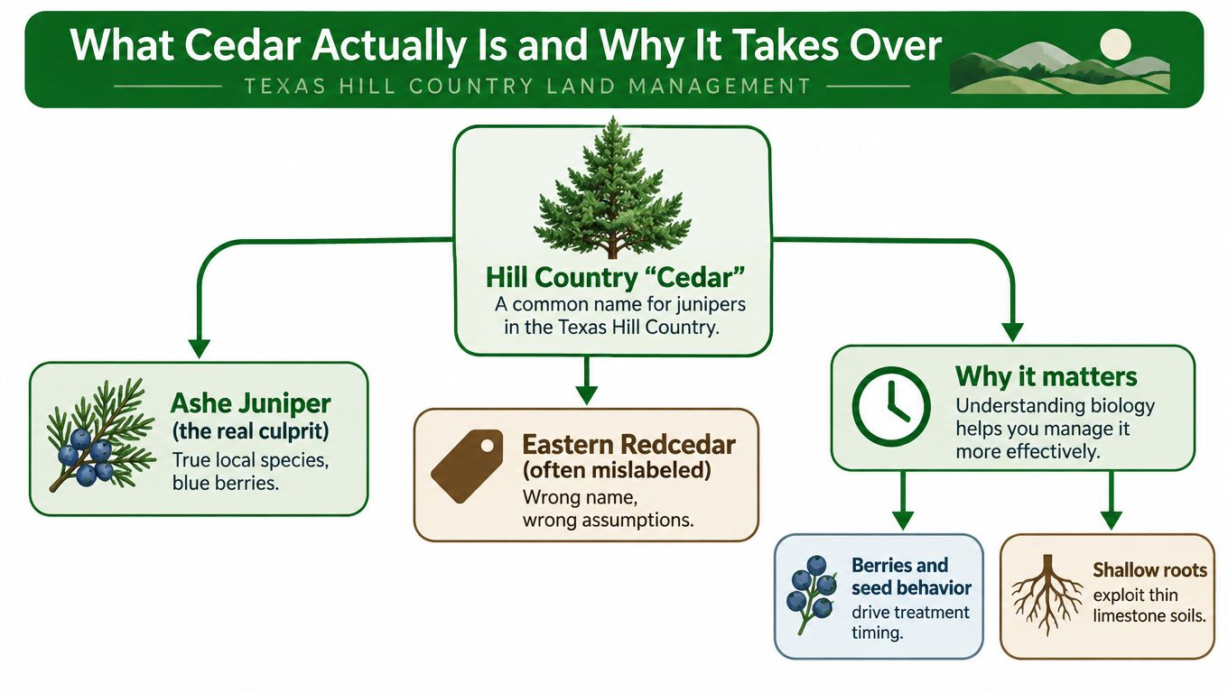 A diagram explaining that Texas Hill Country cedar is actually Ashe Juniper, detailing why understanding biology matters.