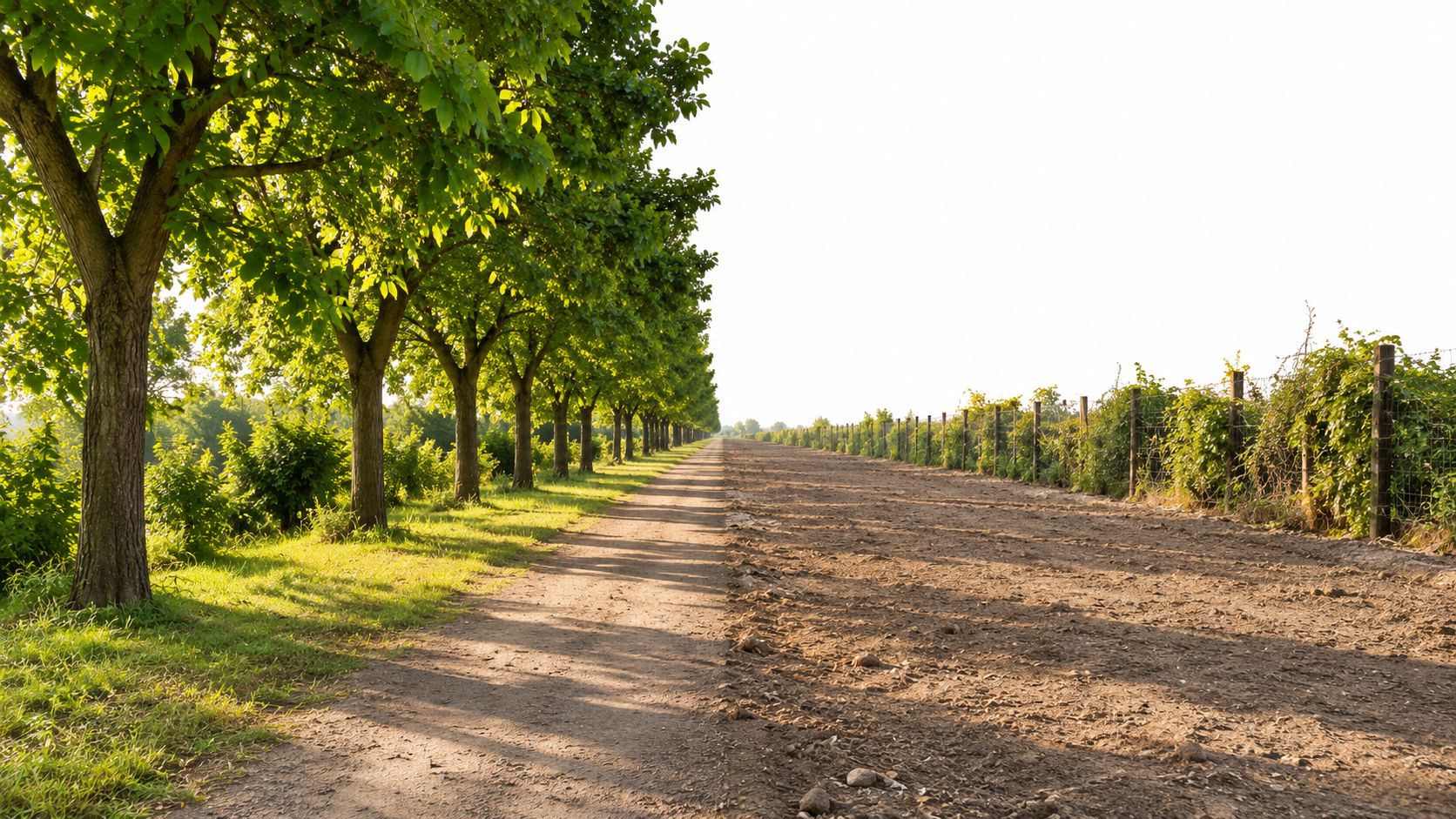 A dirt path running alongside a row of trees and a fenced field, indicating land clearing progress.