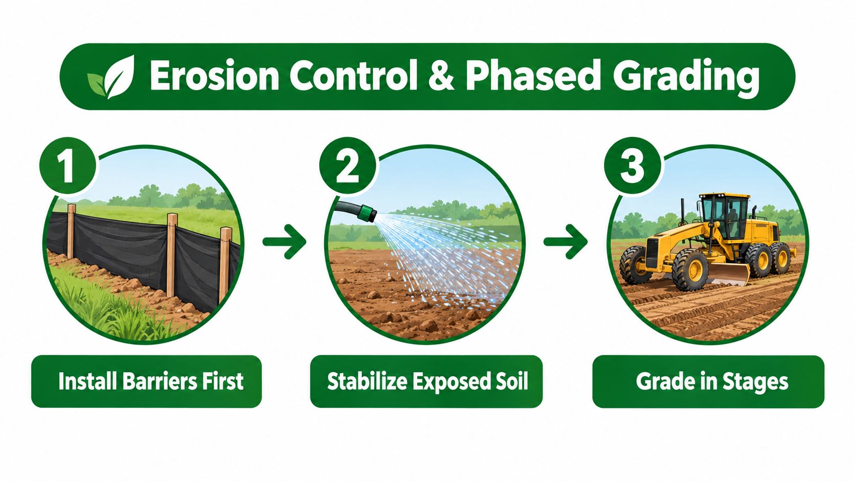 An infographic illustrating three essential steps for erosion control and phased grading during land development projects.