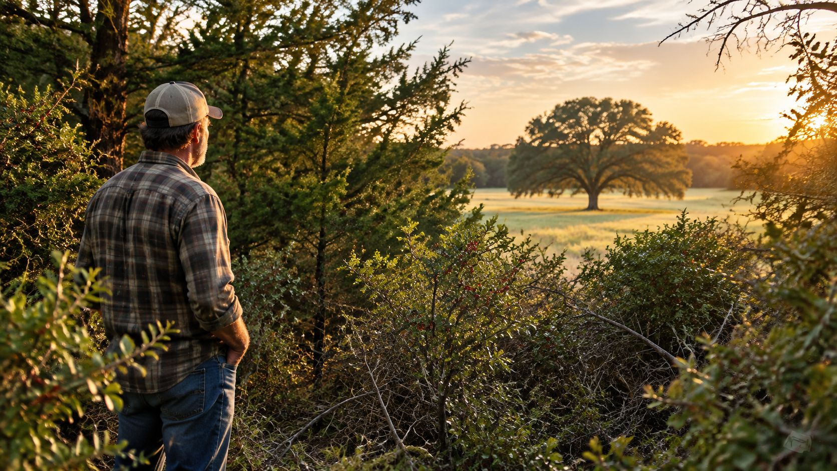 A man in a plaid shirt and cap gazes at a large oak tree in a sunny field
