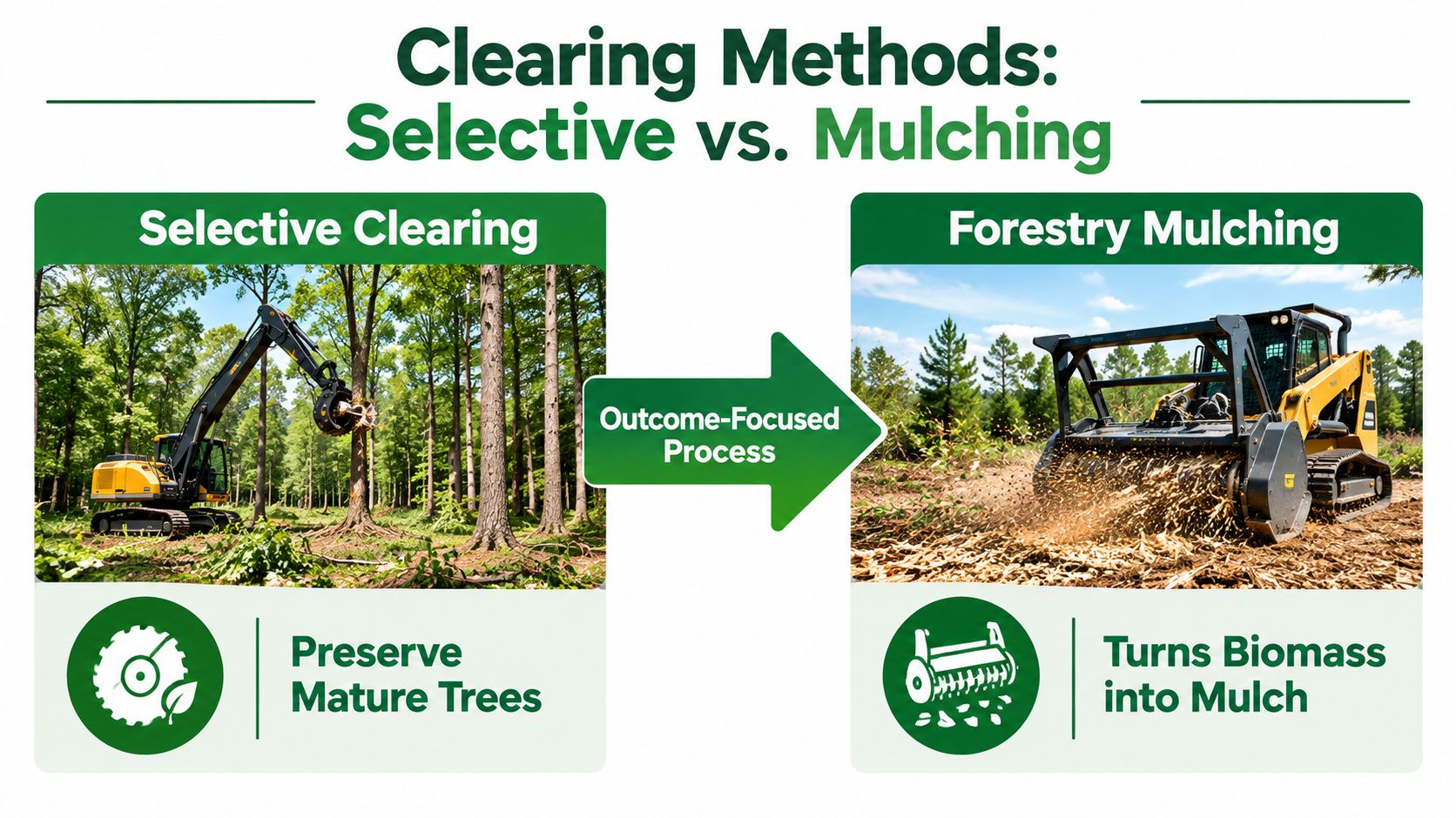 A comparison chart showing selective clearing for preserving mature trees versus forestry mulching for biomass removal.