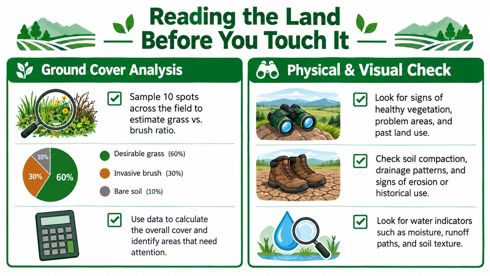 An infographic titled Reading the Land Before You Touch It, explaining land analysis steps like ground cover assessment.