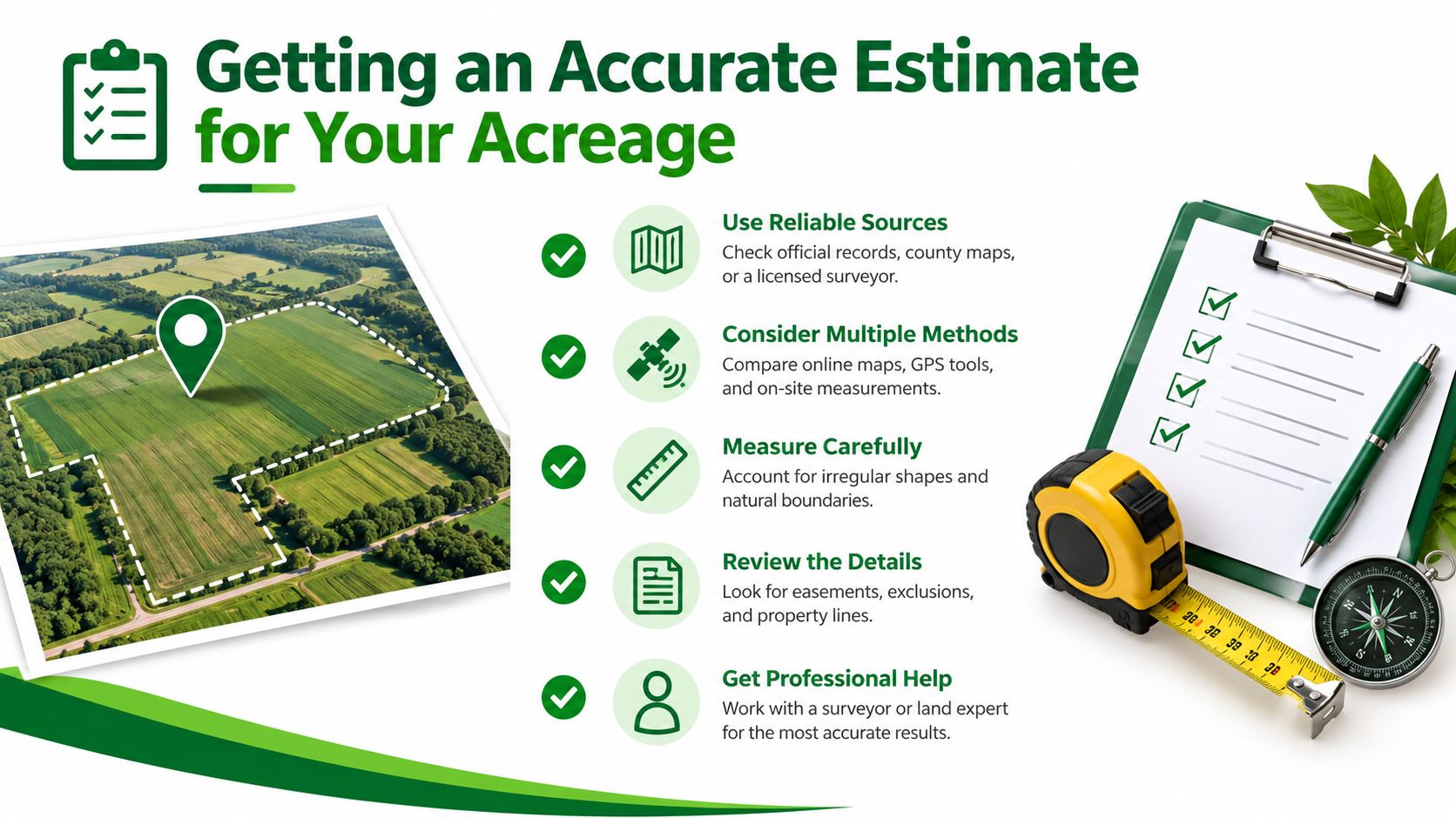 An infographic detailing five essential steps for getting an accurate acreage estimate for land parcels.