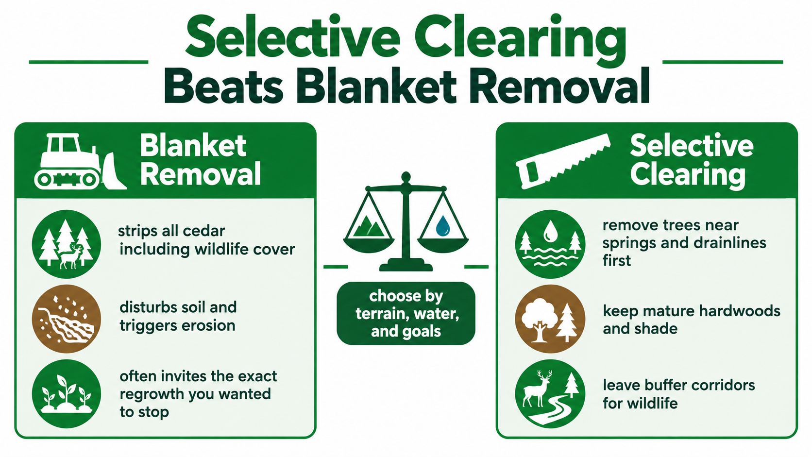 An infographic comparing destructive blanket cedar removal to beneficial selective clearing practices for land management.