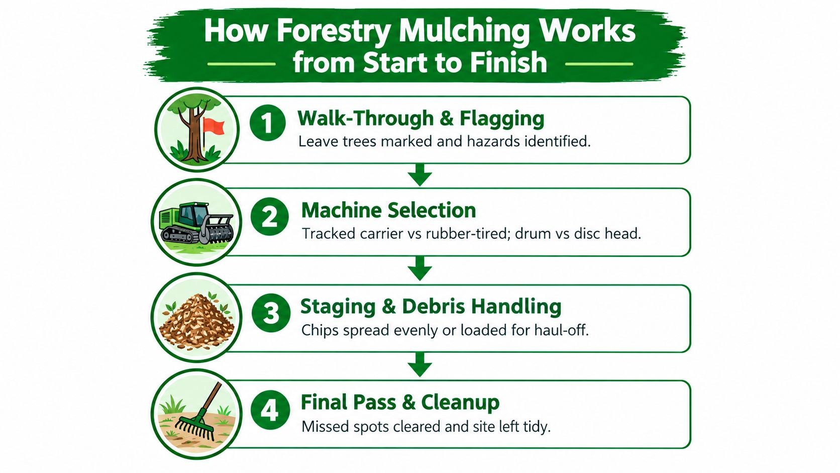 An infographic showing the four steps of the forestry mulching process, from site assessment to final cleanup.