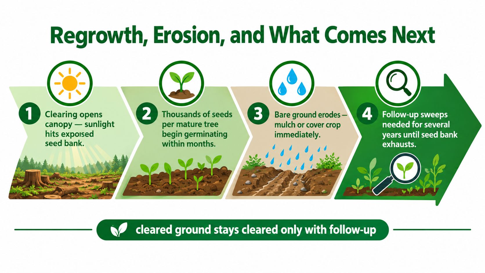 A four-step infographic illustrating the process of forest regrowth, soil erosion, and land maintenance after clearing.