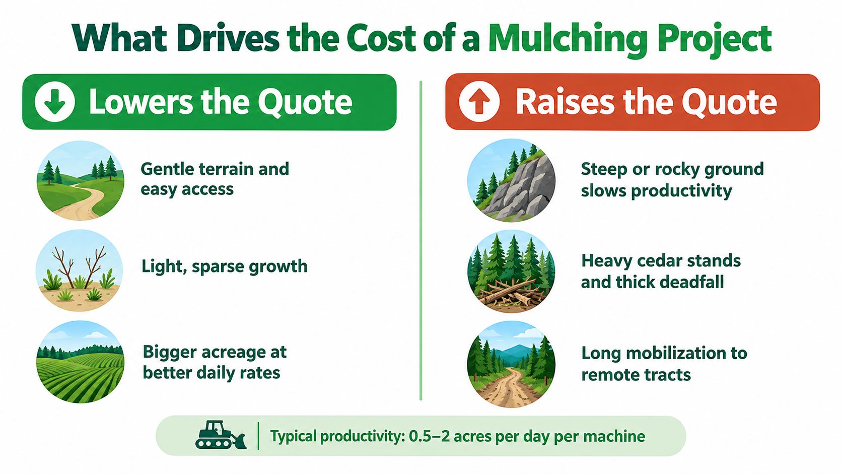 An infographic showing factors that lower or raise costs for professional forestry mulching project quotes.