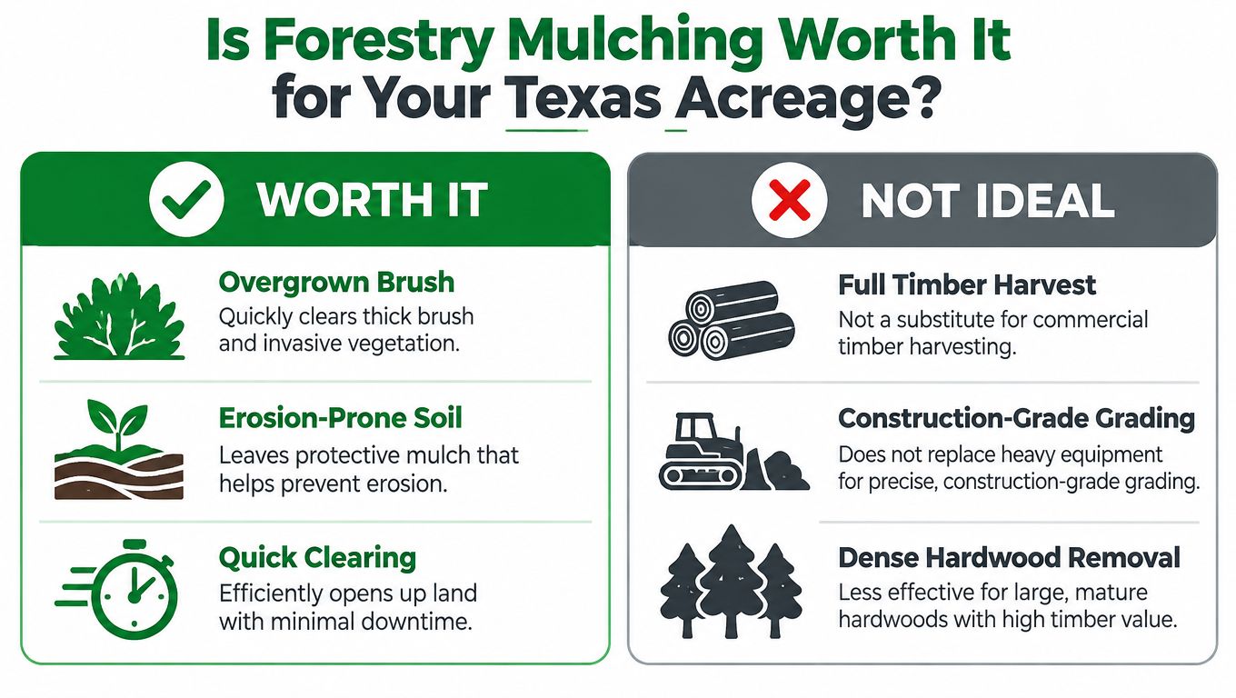 A graphic showing when forestry mulching is worth it versus when it is not ideal for land clearing.