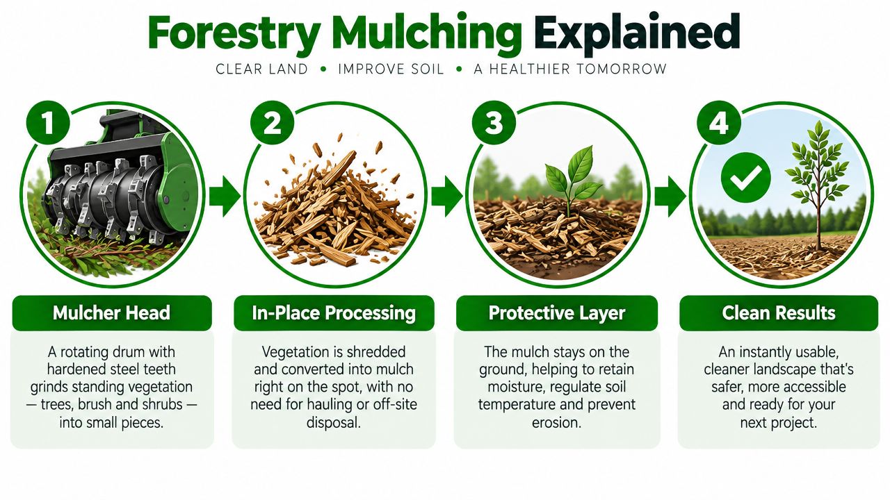 A four-step infographic explaining the forestry mulching process, from grinding vegetation to creating a clean landscape.