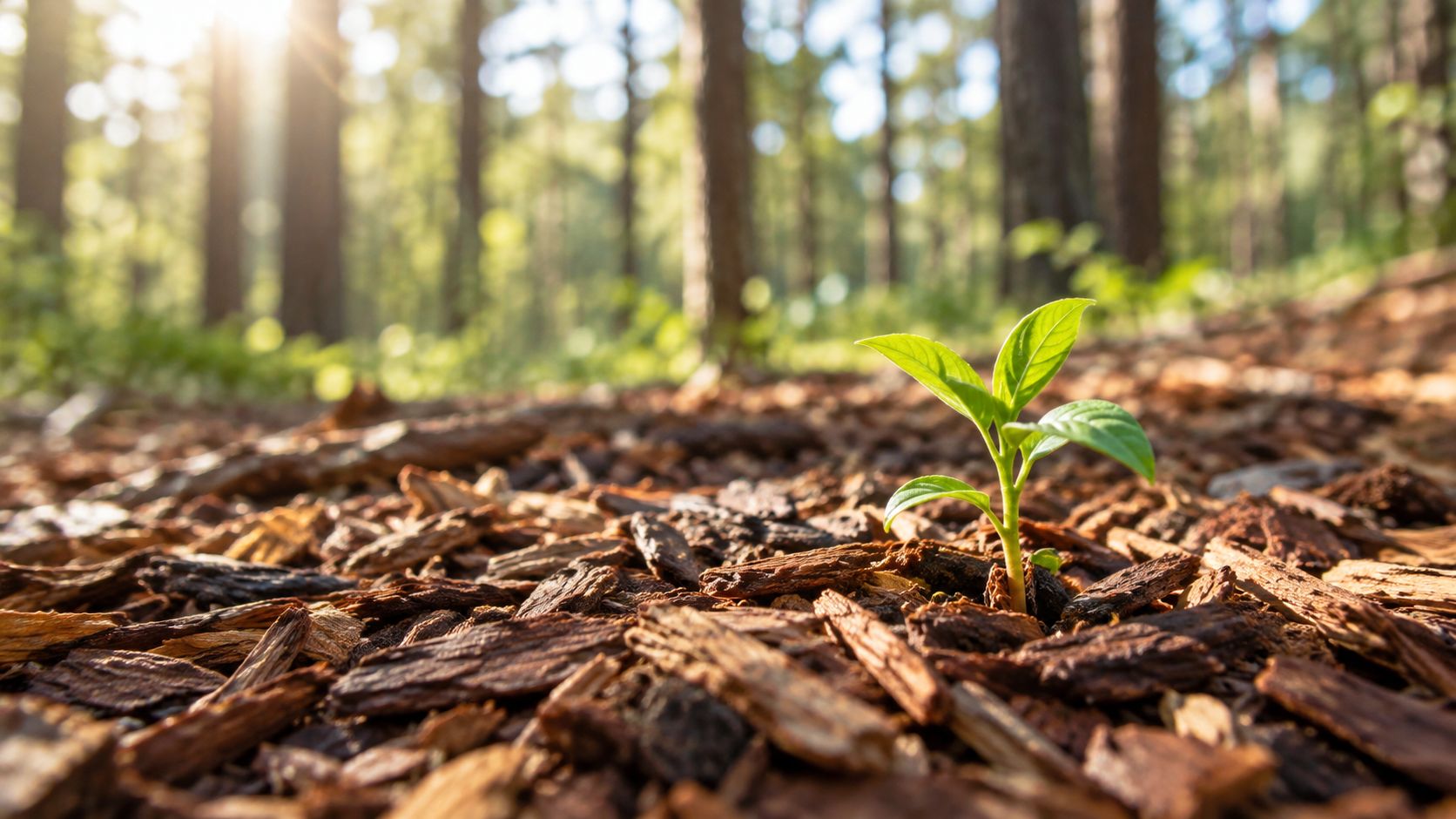 A small green seedling growing through a bed of wood mulch on a sunny forest floor.