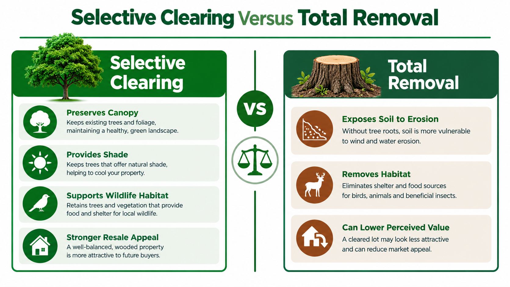 An infographic comparing the benefits of selective tree clearing against the negative effects of total land removal.