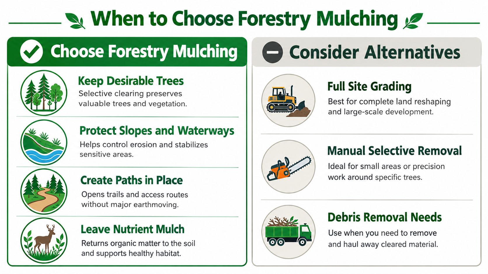 A guide illustrating when to choose forestry mulching versus considering alternative land clearing methods for development.